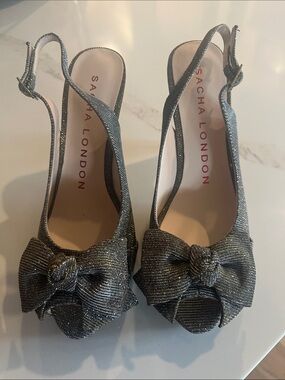 Sacha London Metallic Silver Bow Slingback Heels